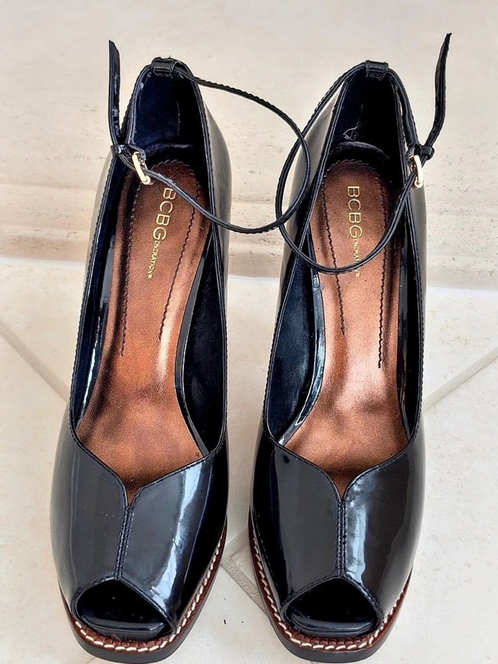 BCBG Black Patent Peep Toe Heels US 9.5